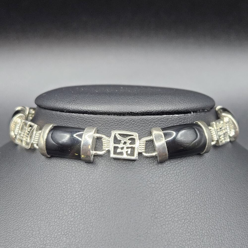 Vintage Sterling Silver 925 Black Onyx Chinese Character Link Bracelet -...